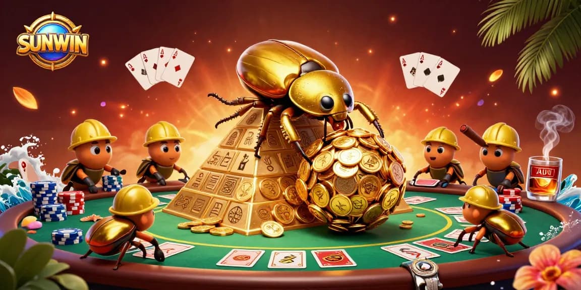 SUNWIN brings excitement as a golden dung beetle rolls coins up a pyramid, amid poker elements