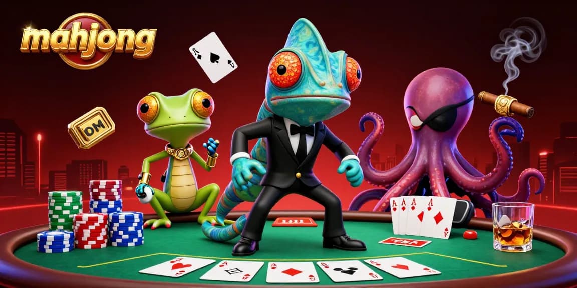 Engage in thrilling mahjong gameplay with vibrant casino scene featuring colorful poker elements.
