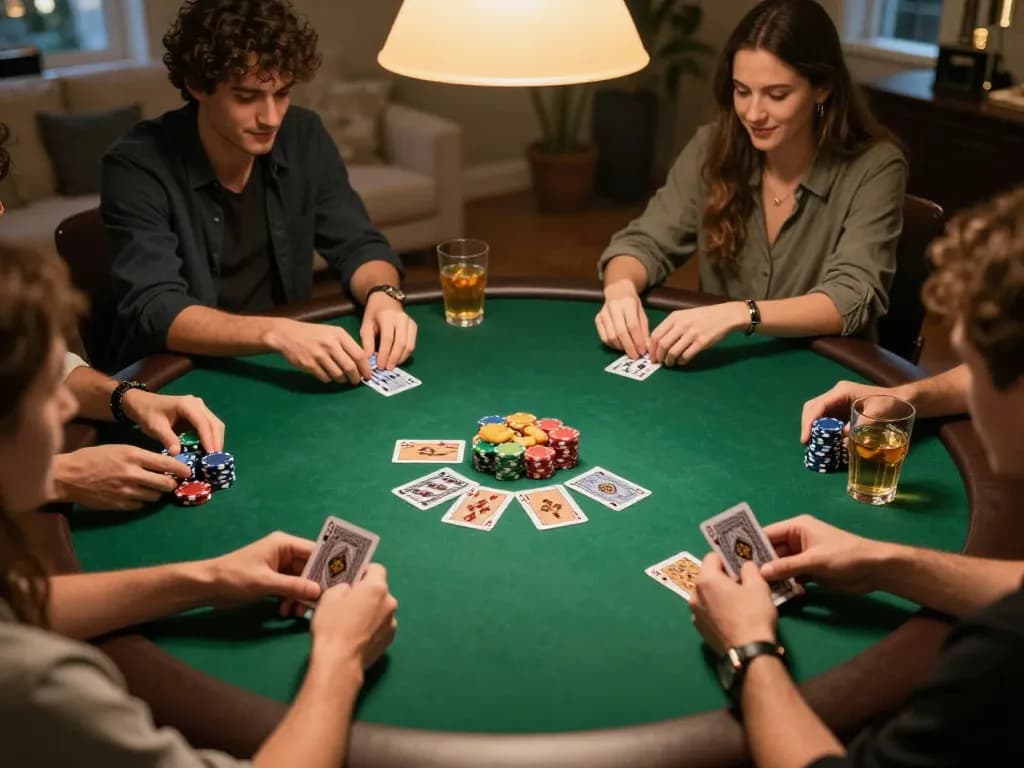 This image depicts a lively poker game at home, featuring players engaged in strategizing with tx88 poker chips visible on the table.