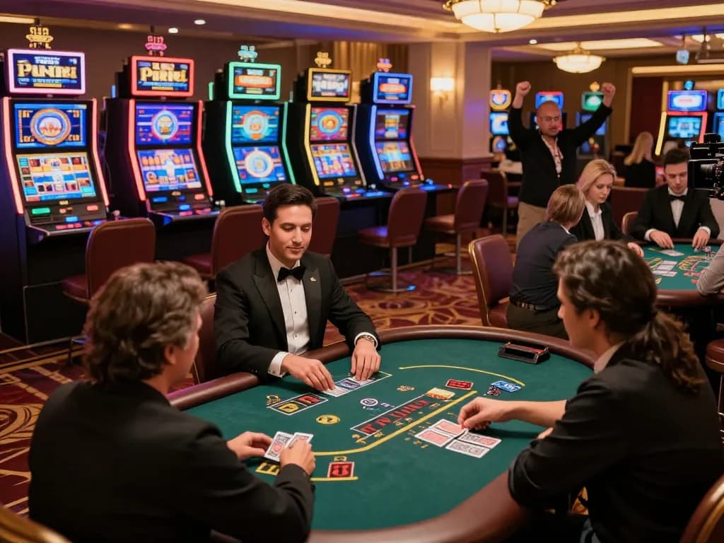 Players enjoying blackjack at 789club casino, warm atmosphere with vibrant slot machines in background.