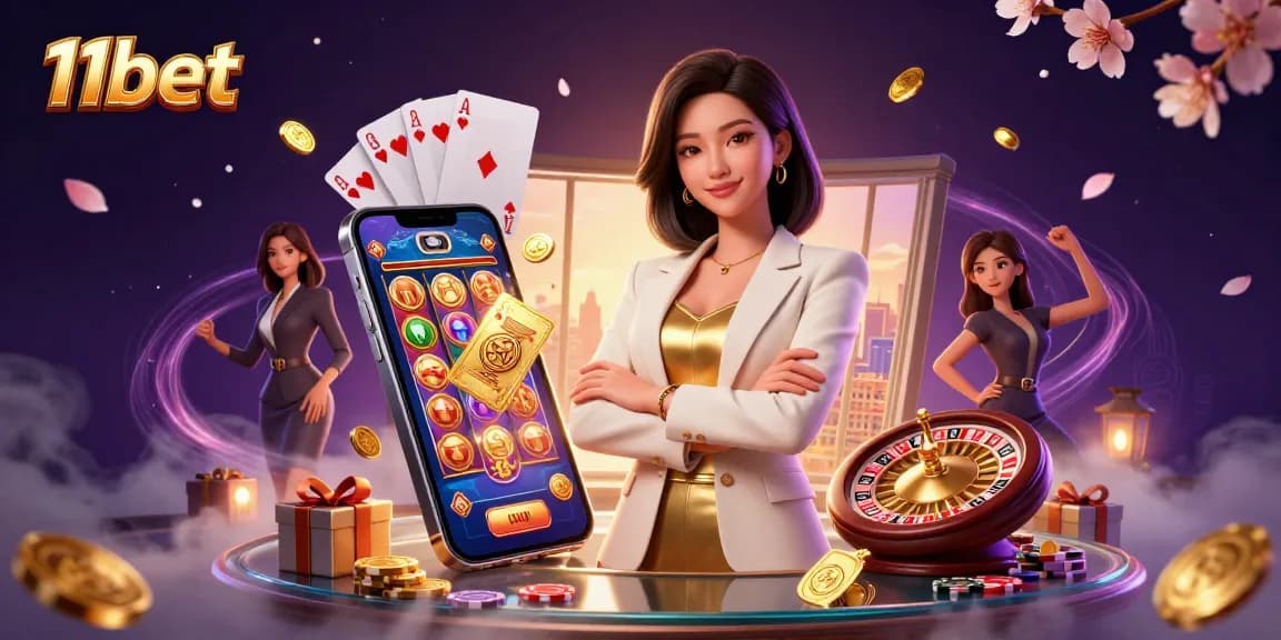 Engage with 11bet as the elegant businesswoman showcases a winning moment in a casino.