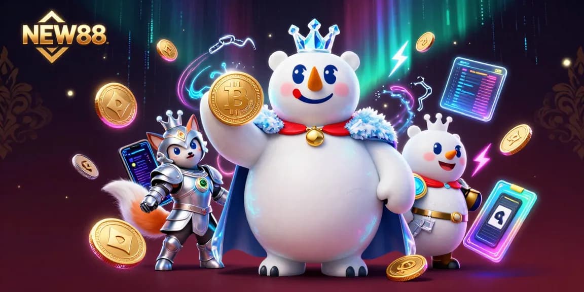 Join the gaming action at NEW88 with vibrant crypto elements, featuring a polar bear king and his armored fox companion.