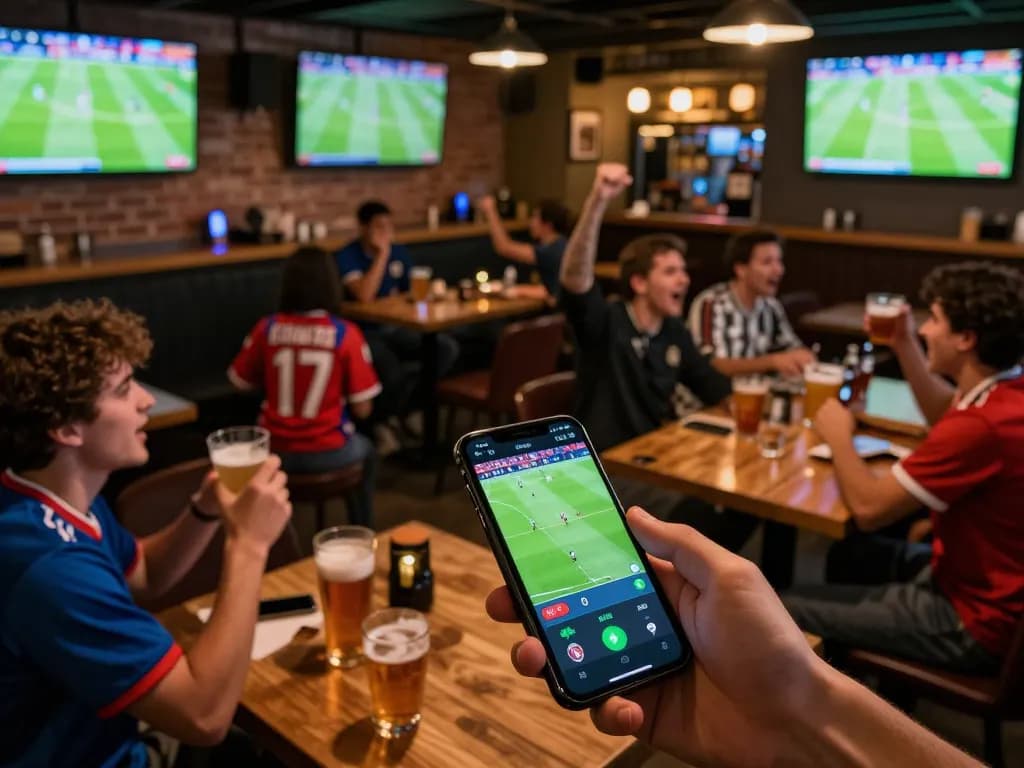 Engaging fans watching Trực Tiếp Bóng Đá at a vibrant sports bar while placing live bets.