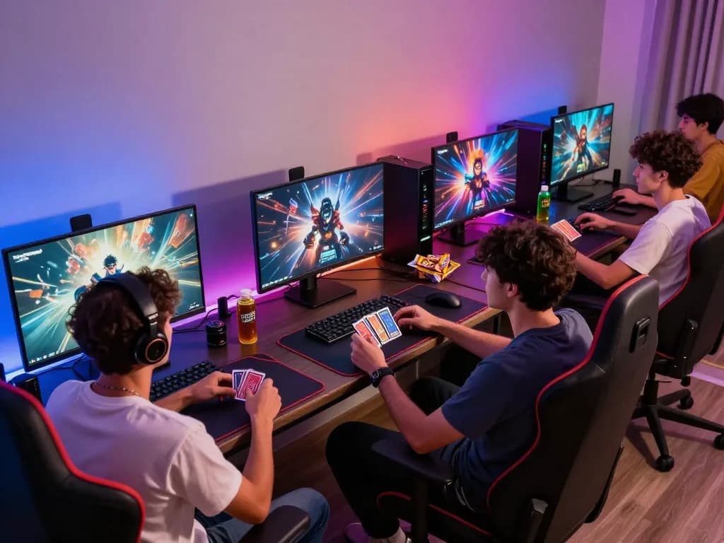 Engaged players enjoying chơi game sunwin trực tuyến in a vibrant gaming setup with dynamic graphics and snacks.
