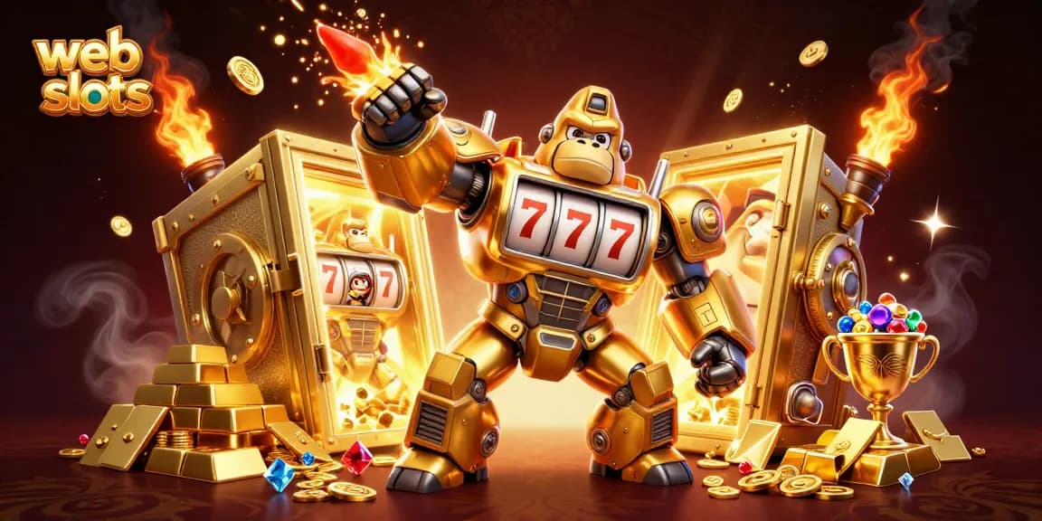 Experience thrilling web slots action with vibrant 3D illustrations of casino games and golden treasures.