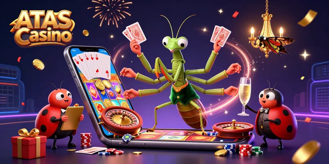 ATAS Casino showcases vibrant gaming action with giant praying mantis card sharp and ladybug pit boss.