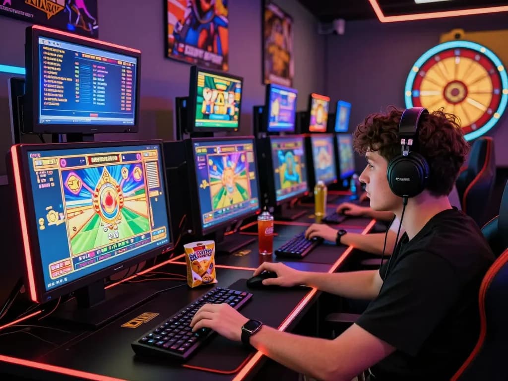 situs slot gacor gaming scene with colorful slot machine graphics, vibrant LED lights, and a focused gamer