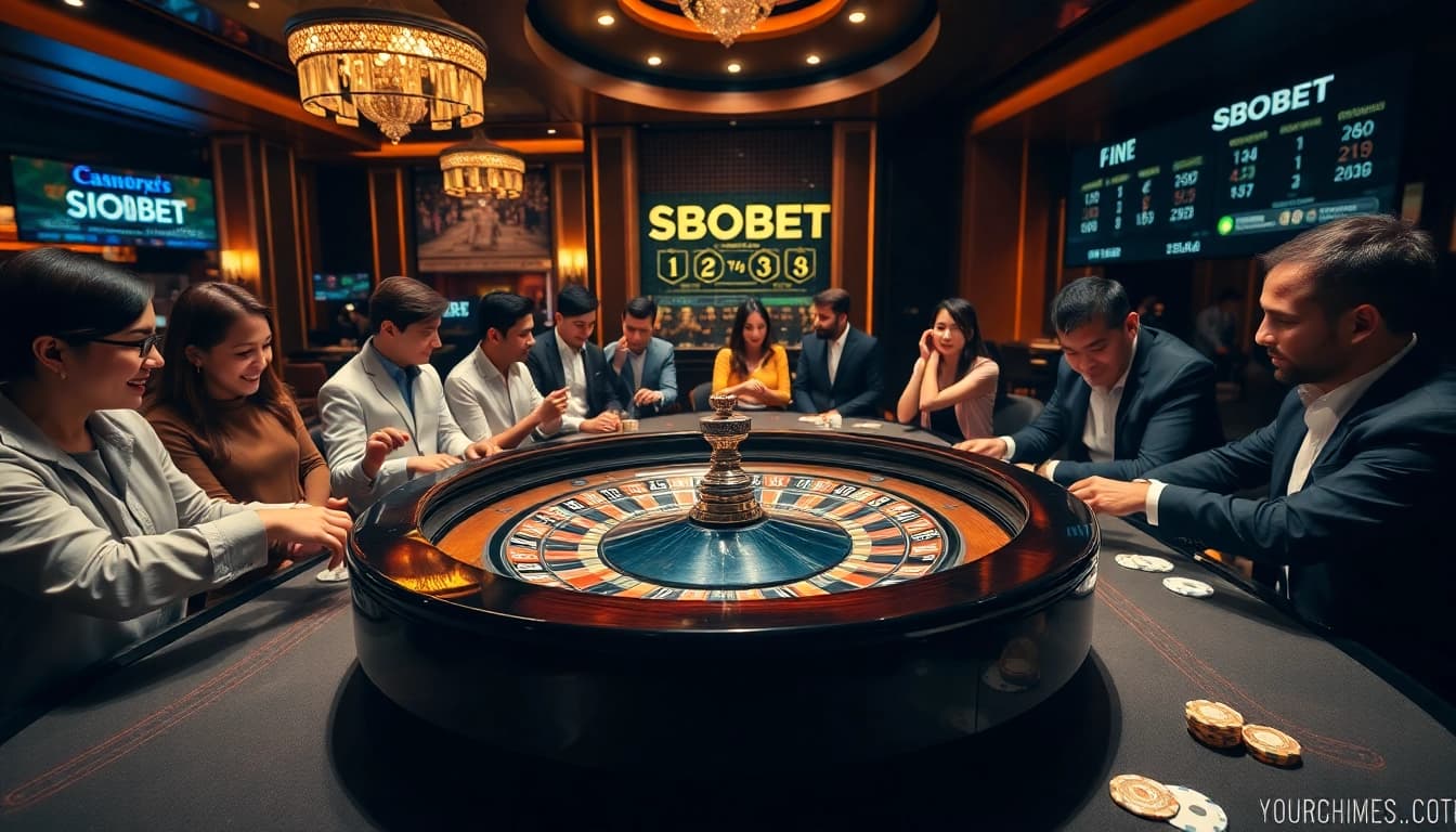 SBOBET roulette table surrounded by excited players enjoying high-stakes betting experience.
