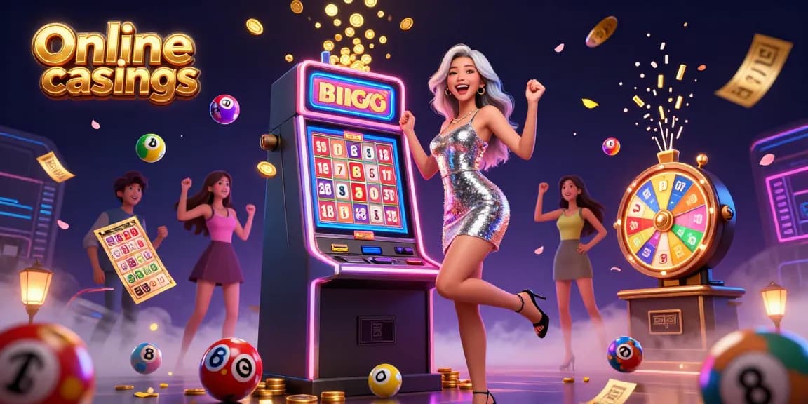 Explore vibrant online casinos with a celebratory Asian woman winning at slots amidst dynamic lottery elements.