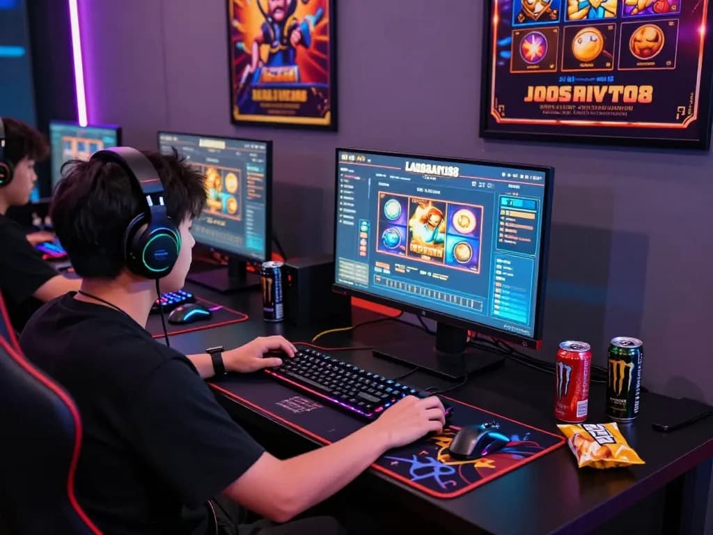 Pemain yang terlibat dalam permainan slot LAOBAN188 di pengaturan permainan modern.