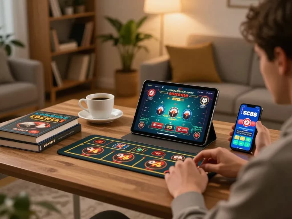 Player enjoying sc88 online casino gaming on a tablet, surrounded by betting strategies