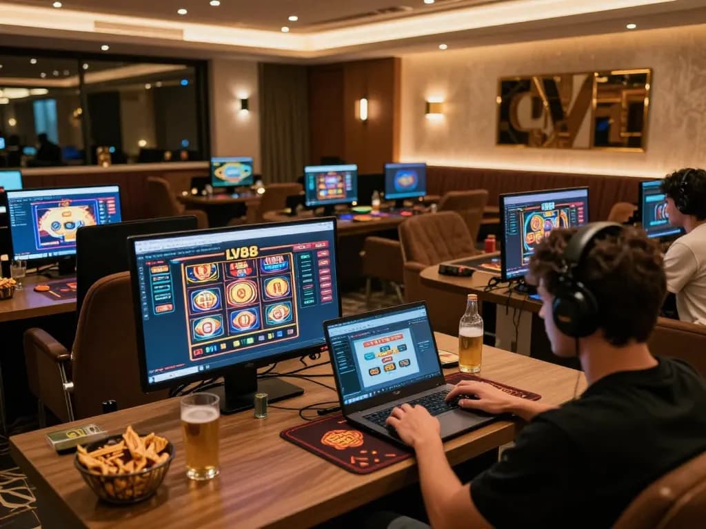 Player engaging in online gaming at LV88 casino, showcasing a vibrant and comfortable atmosphere