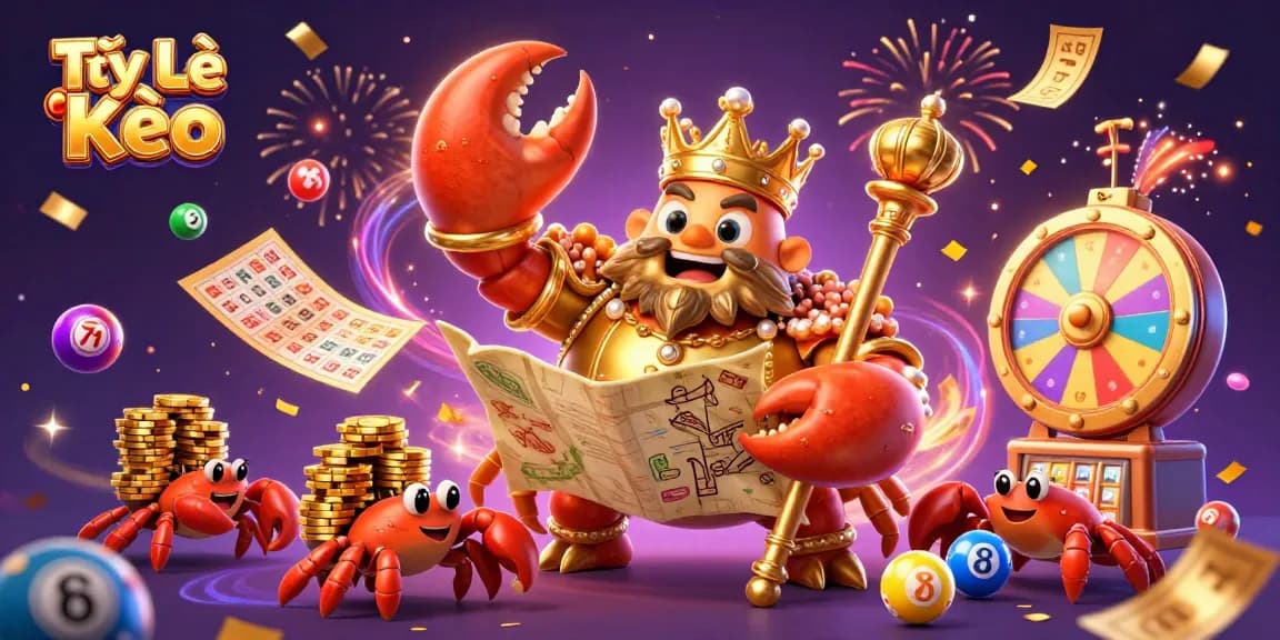 Tỷ Lệ Kèo showcases a golden crab emperor in an exciting casino scene filled with vibrant lottery elements.