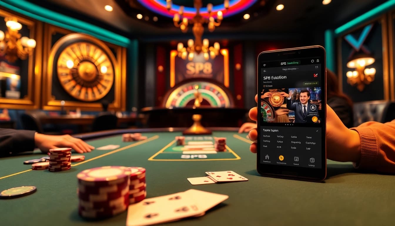 Vibrant poker game at a luxurious casino showcasing online gambling at https://sp8.biz/ with elegant cards and chips.