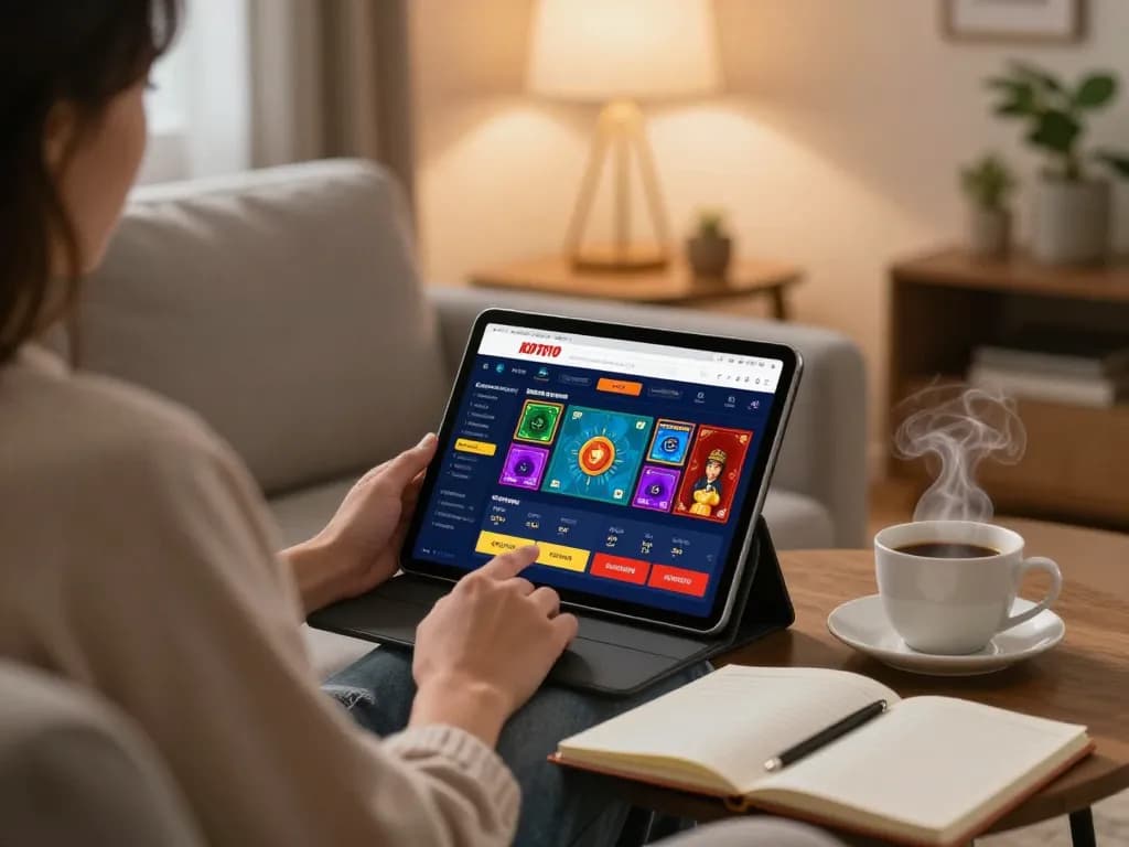 KDTOTO player enjoying online gambling on a tablet in a cozy living room setting.