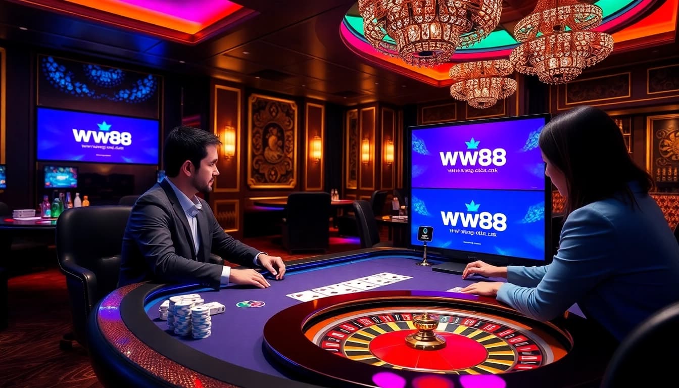Engaging poker game scene at https://ww88.link/ with vibrant casino elements and professional players.