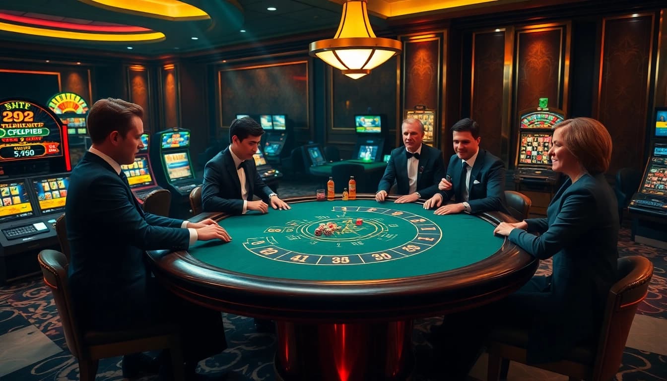 Experience luxury gaming at https://kjc.ad/ with high-stakes blackjack, shining casino aesthetics, and dynamic player action.