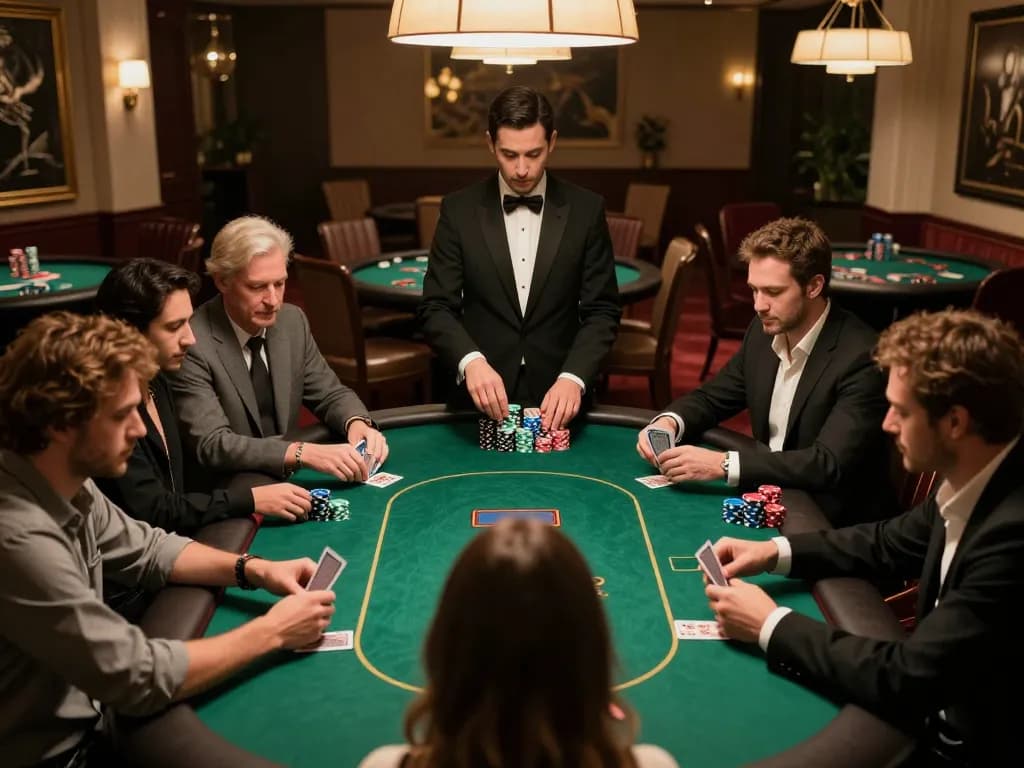 Players engage in strategic poker gameplay at an upscale casino while discussing m107 betting odds.