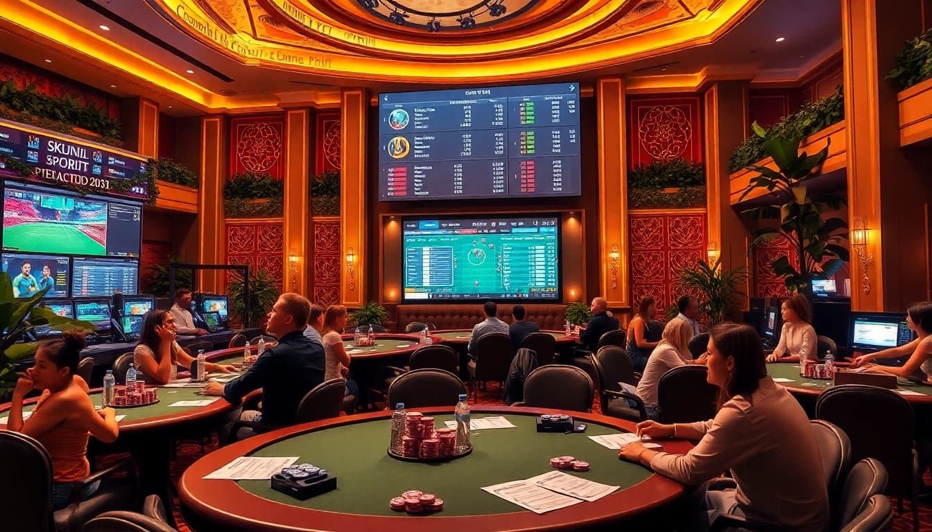 Experience thrilling action at Judi Bola Piala Dunia 2031 sports betting tables in a luxurious casino setting.