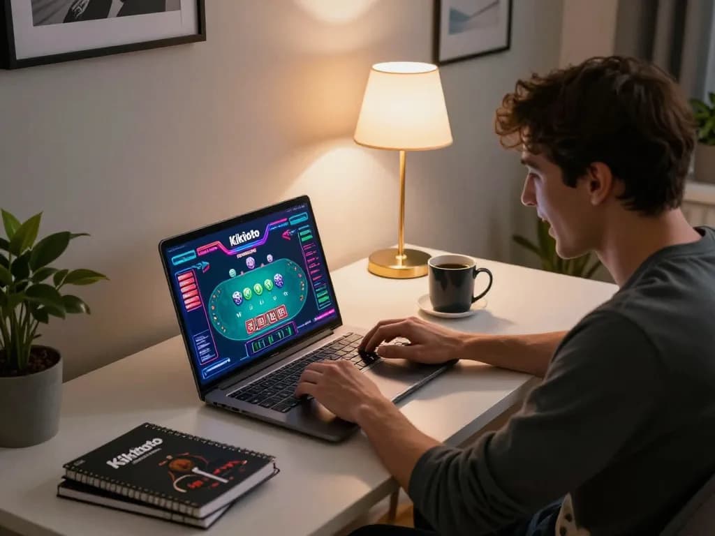 Pemain Kikitoto terlibat dengan permainan poker online di laptop, menunjukkan strategi dan kegembiraan.