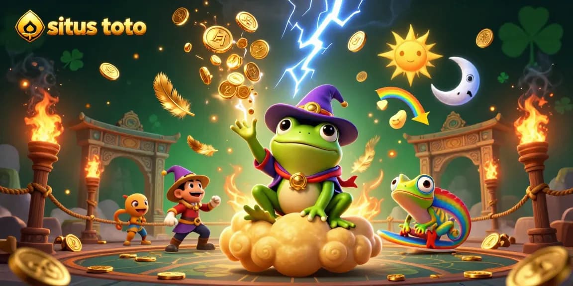 Engage with situs toto as the wizard frog conjures golden coins amidst vibrant casino elements.