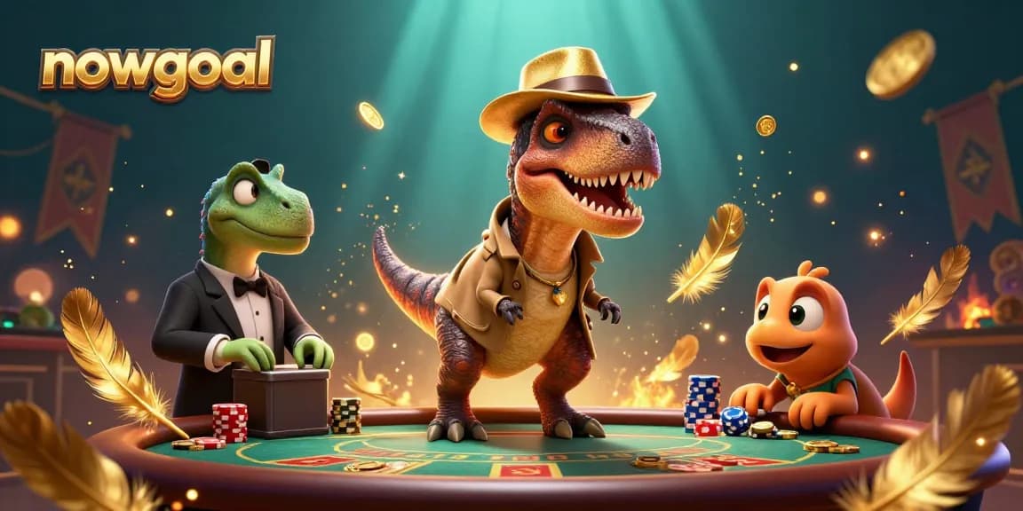 Engage with real-time betting insights on nowgoal as a dinosaur-themed character strategizes at a casino table.
