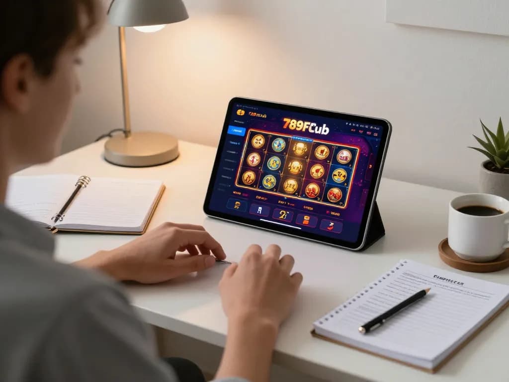 Player engaging with the 789FClub casino app on a tablet, showcasing an immersive online gaming experience