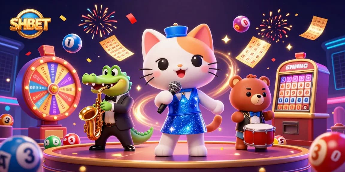 Experience the thrill of SHBET with a lively casino scene featuring a jazz-singer cat and vibrant game elements.