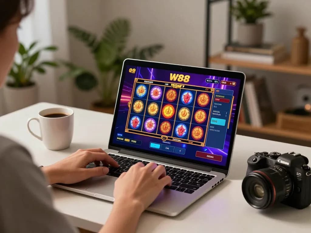 Enjoying vibrant slot games on W88 while sipping coffee in a cozy setup