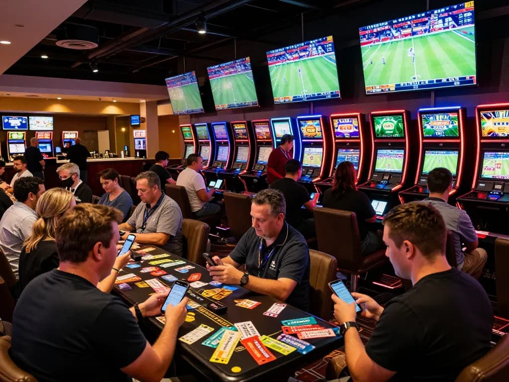 FC88 betting excitement in a lively casino sportsbook area with fans engaging in live sports.