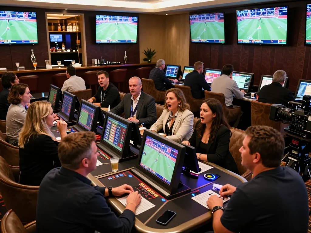 FIVE88 bettors engaging in live sports betting at an upscale casino lounge