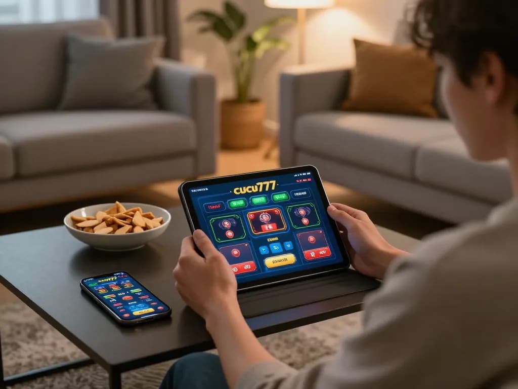 Engaging online gameplay on cucu777 app set in a cozy living room.