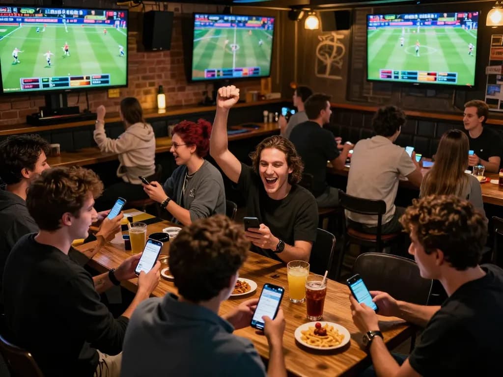 Fans enjoying competitive sports betting at a bar using their smartphones for 789f ink wagering and strategy discussions.