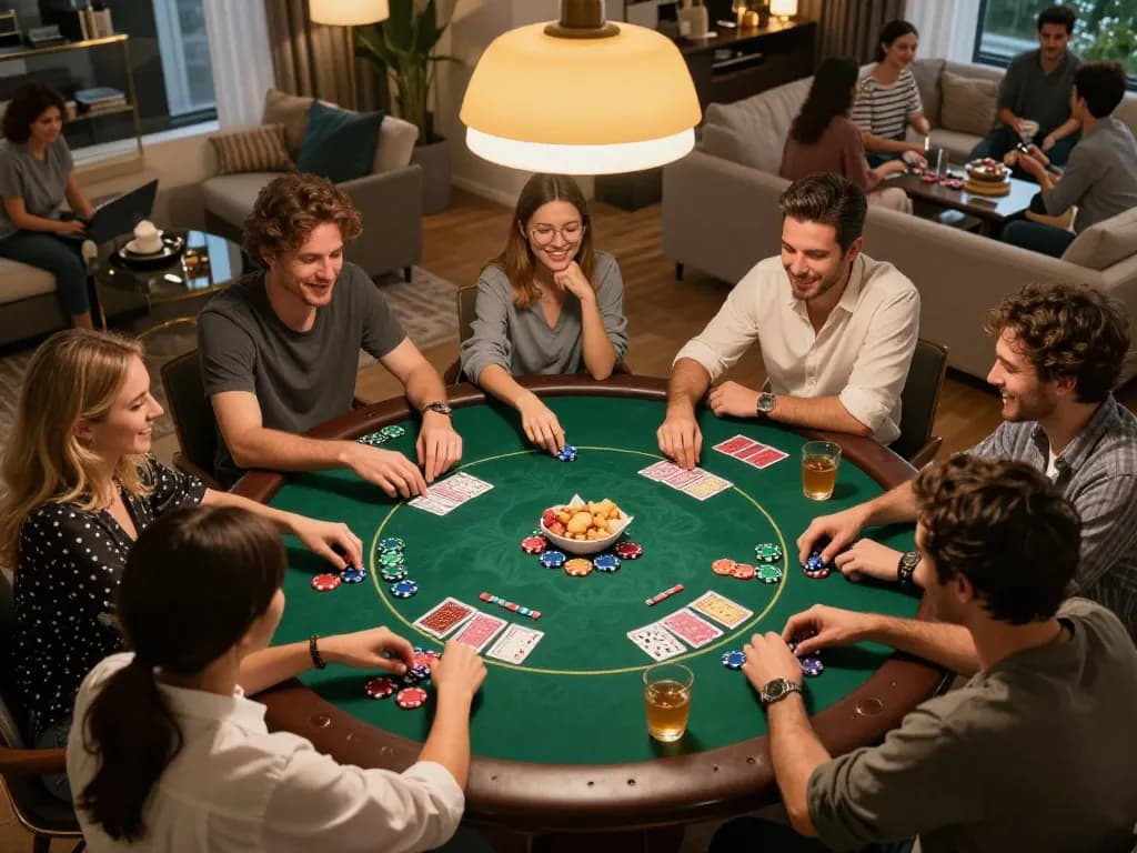 Players enjoying a poker night at home with TR88 themed chips and cards.