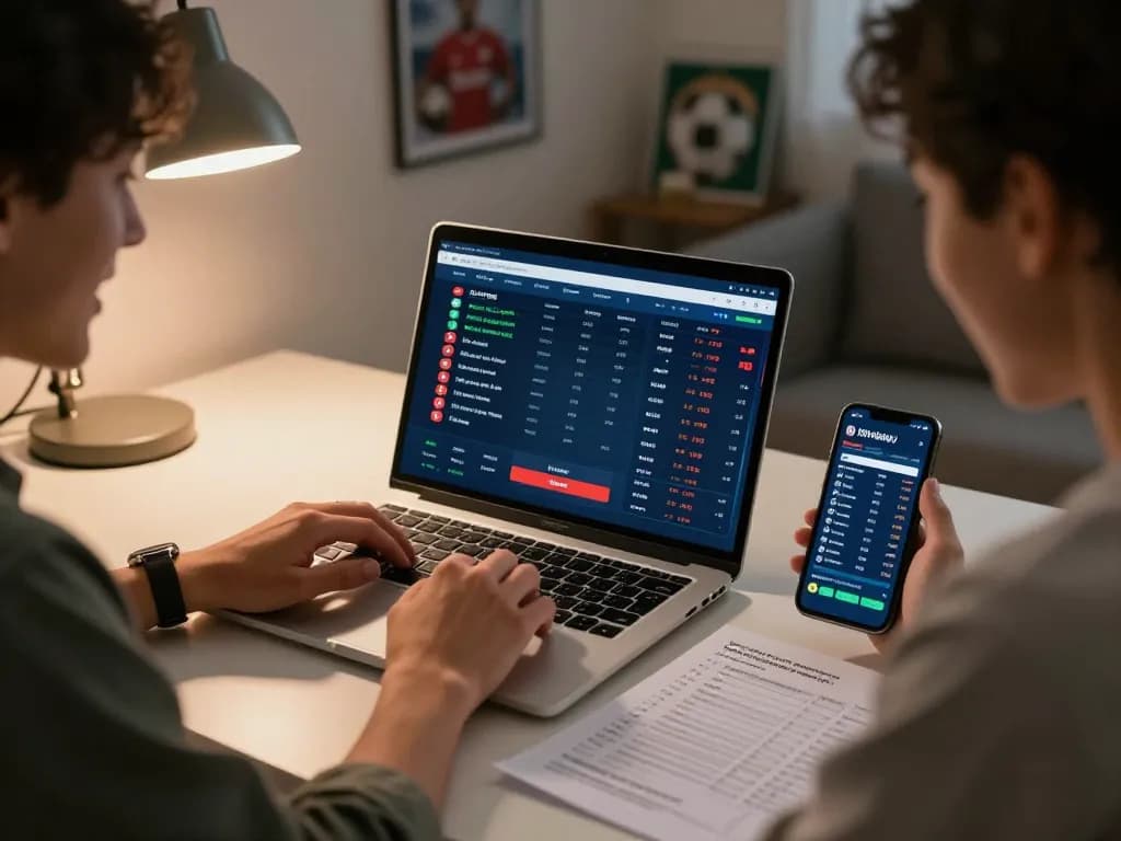 Kèo nhà cái hôm nay viewed as a player reviews live sports betting odds at a cozy home office.