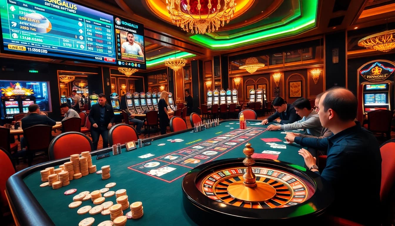 Bongdalu betting scene with poker chips, cards, and a roulette wheel in a vibrant casino atmosphere.