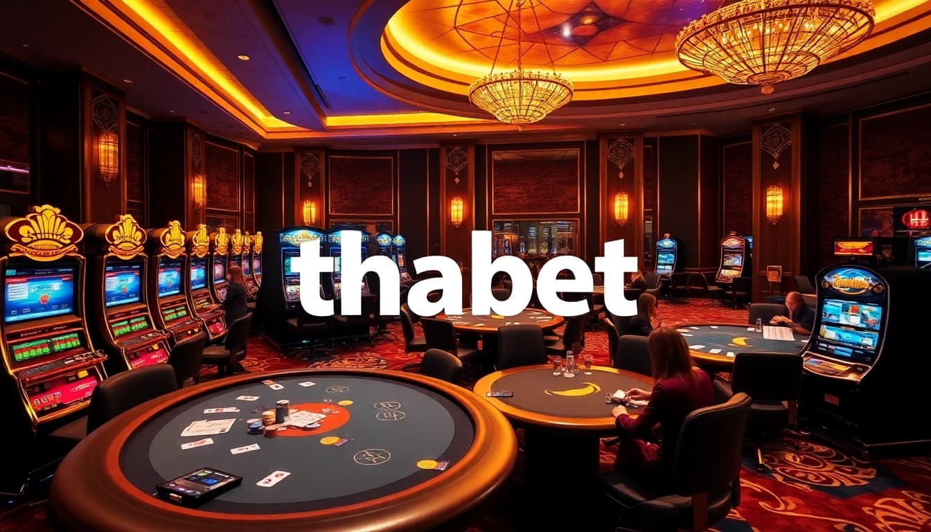Engaged players at Thabet Casino enjoying poker and slot machines amid a luxurious setting.