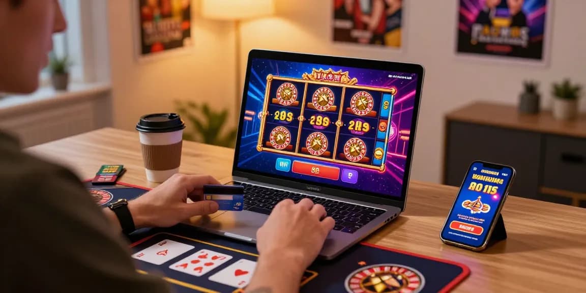 Engaging scene of a player using credit card casinos at https://dea.org.uk, with colorful games displayed on a laptop.