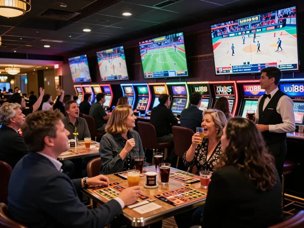 Exciting sports betting atmosphere at uu88 sports bar with patrons enjoying live games