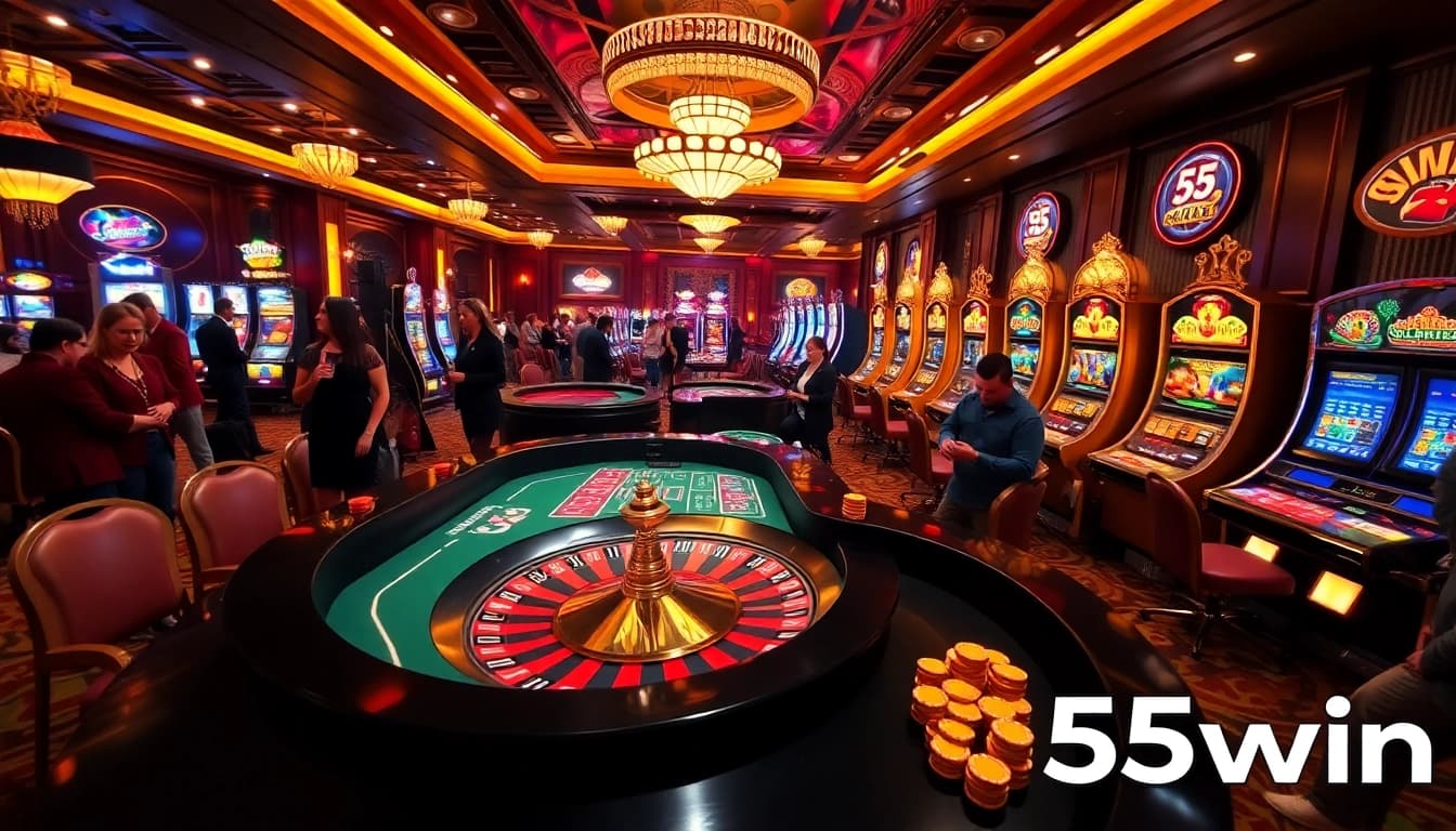 Players enjoying a thrilling gaming experience at a luxurious casino table with 555win branding.