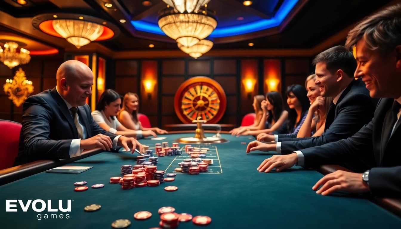 Players enjoying Evolution Games at an upscale poker table in a vibrant casino.