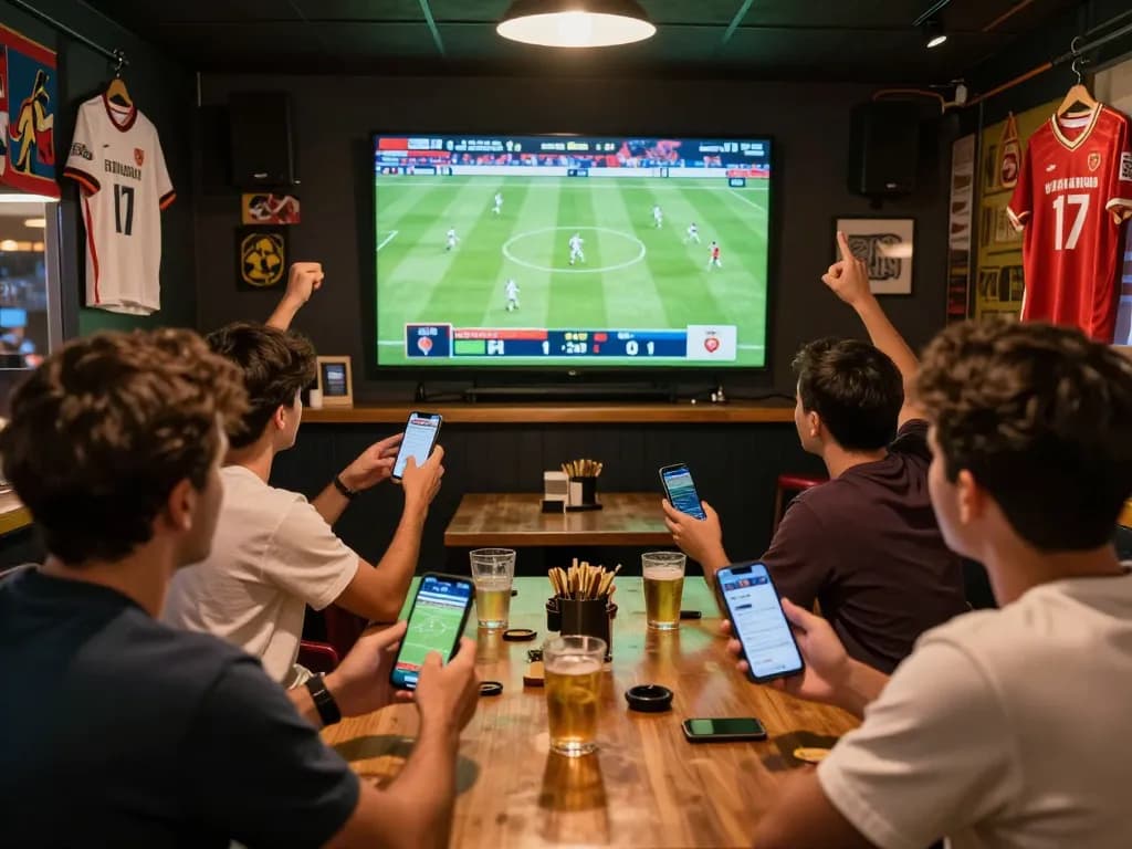 Soi kèo football betting scene with friends enjoying a match while using sports apps for real-time bets