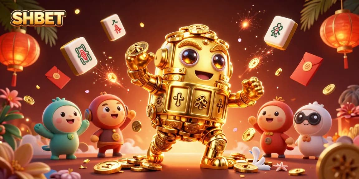 Experience thrilling gameplay with SHBET's captivating 3D scene featuring a magical golden golem surrounded by vibrant casino elements.