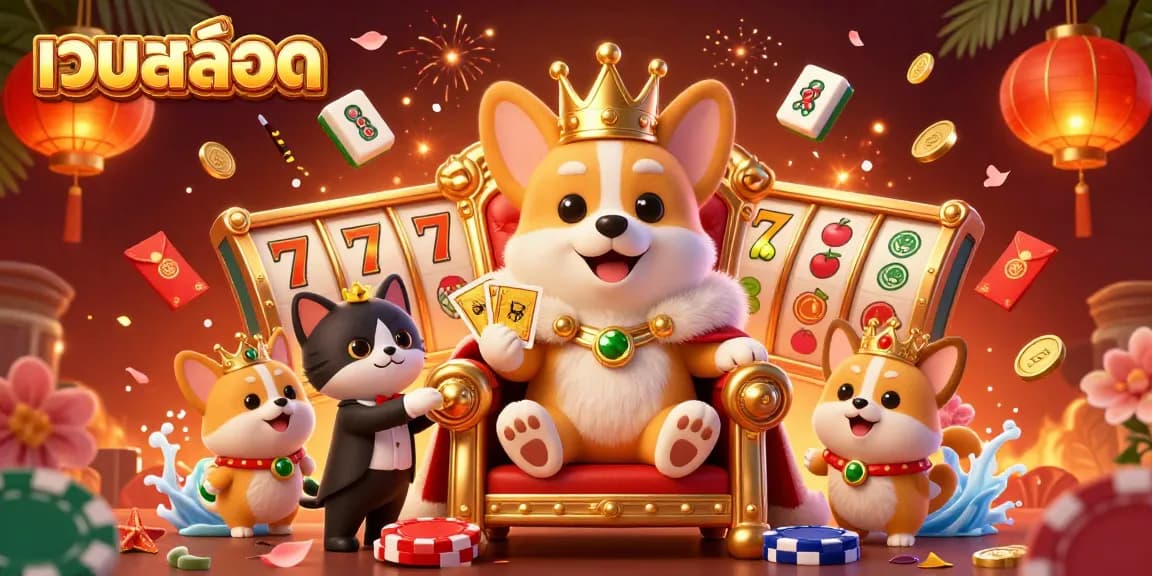 Experience winning moments with เว็บสล็อต as royal corgi plays with poker chips amidst festive casino elements.