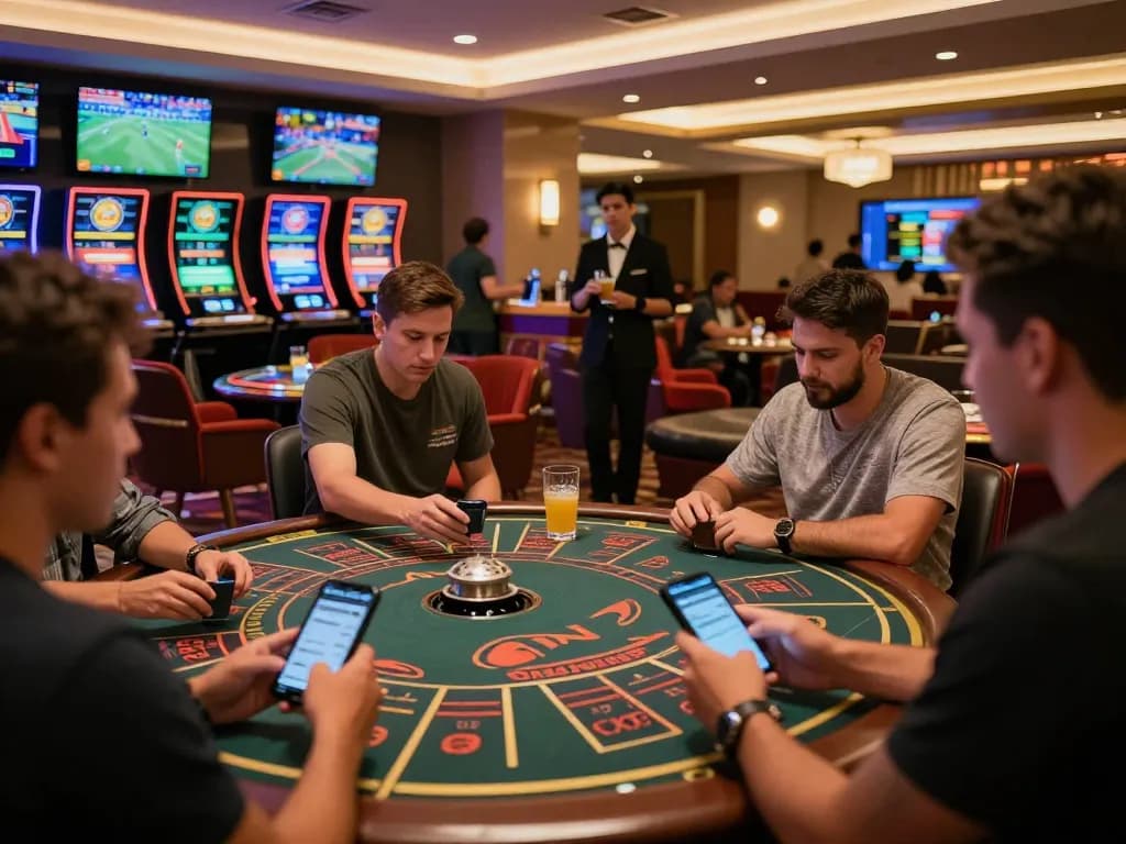 Nyalabet sports betting scene with patrons excitedly placing bets on smartphones and screens