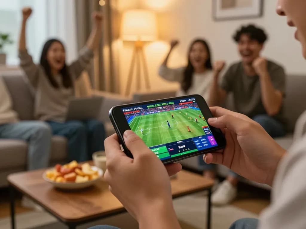 Engaging hands placing bets on mobile FC88 app during a live sports event.