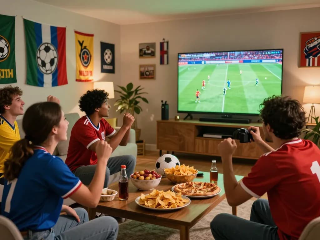 Excited fans cheering for their team on Now Goal during a live soccer match with snacks.