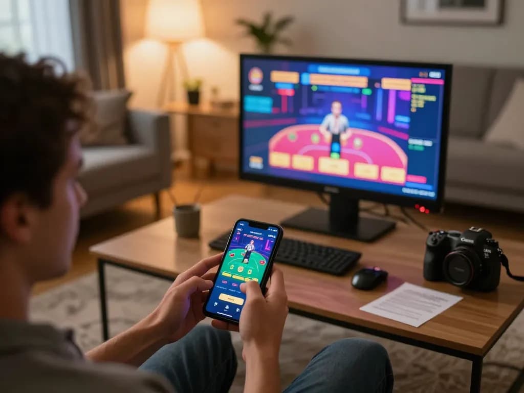Sunwin user engaged in online gambling via mobile app in a cozy, inviting atmosphere