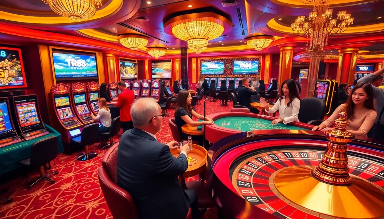 Players enjoying a winning moment at TR88 with vibrant casino elements and gaming excitement.