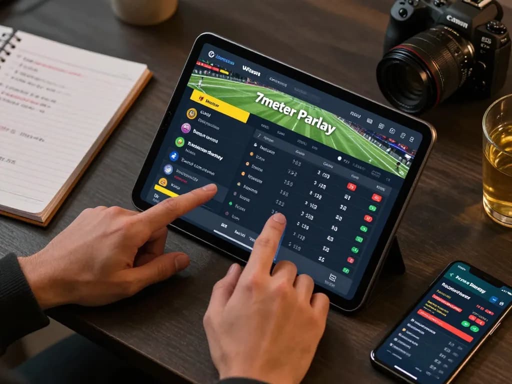 Engaging user placing a bet on 7meter Parlay betting platform during live sports events.